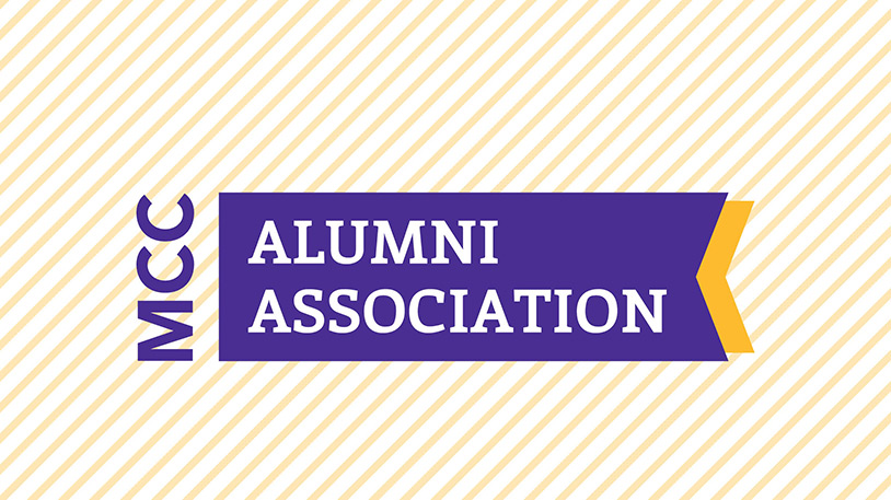 Purple banner with white text reading 'ALUMNI ASSOCIATION' next to vertical 'MCC' letters on a yellow striped background.