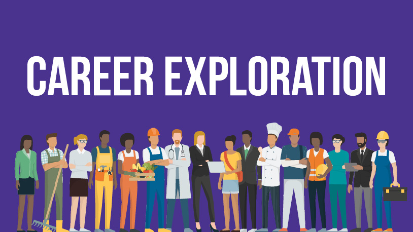 Diverse group of professionals representing various careers under the title 'Career Exploration' on a purple background.