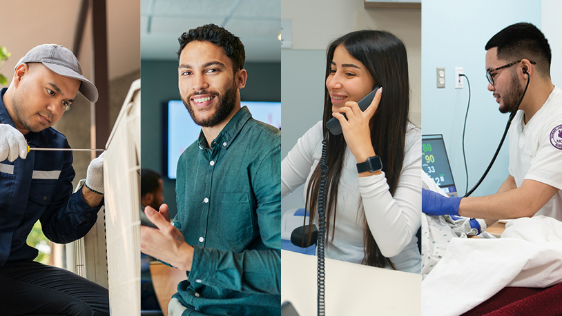 A montage of four professionals - an HVAC tech, a man in a classroom, a woman in an office, and a male nurse