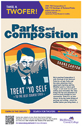 Illustration of a man with glasses and mustache against a forest backdrop promoting Parks and Composition class