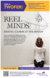 Poster titled 'Reel Minds: Mental Illness at the Movies' featuring a person sitting with their back turned, hugging their knees.